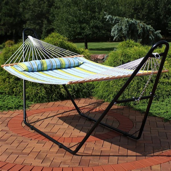 Sunnydaze Quilted 2 Person Hammock with Universal Stand Blue & Green 55-in x 124-in