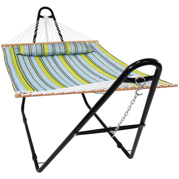 Sunnydaze Quilted 2 Person Hammock with Universal Stand Blue & Green 55-in x 124-in