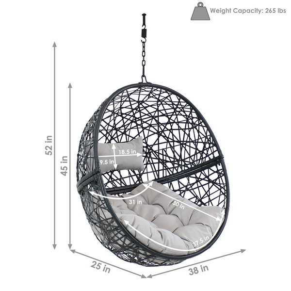 Sunnydaze Jackson Hanging Egg Chair Resin Wicker Gray Cushions 25-in x 38-in