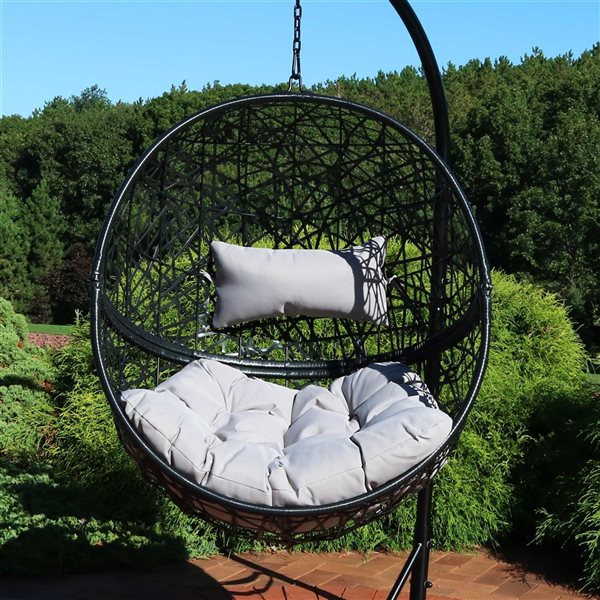 Sunnydaze Jackson Hanging Egg Chair Resin Wicker Gray Cushions 25-in x 38-in