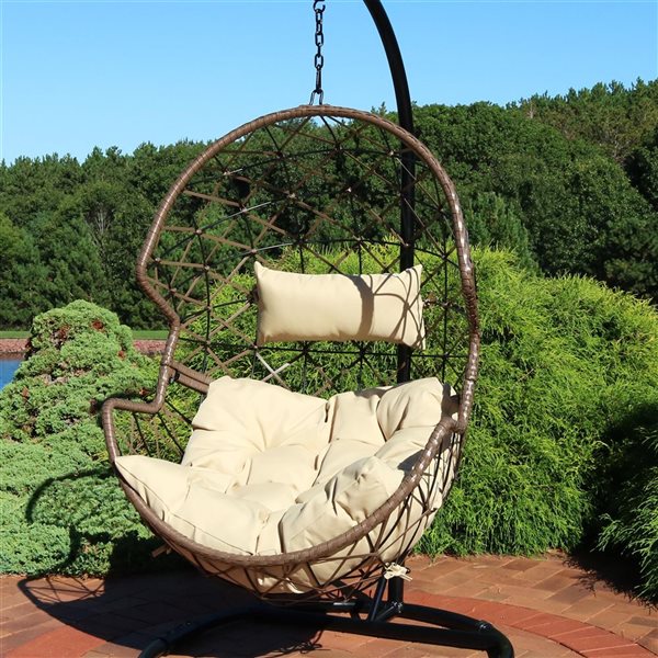 Sunnydaze Lorelei Hanging Egg Chair Resin Wicker Beige Cushions