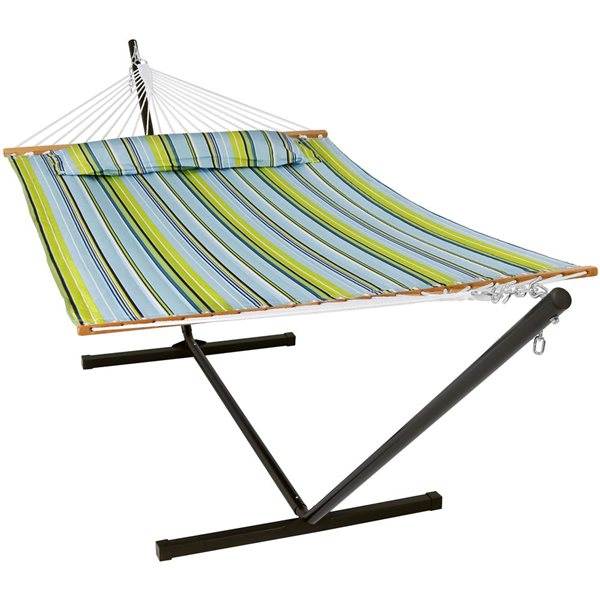 Sunnydaze 2 Person Quilted Spreader Bar Hammock with Stand - Blue & Green 130-in x 55-in