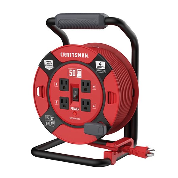 Craftsman Retractable Extension Cord Reel 50 Ft With 4 Outlets & Heavy Duty 14AWG SJTW Cable