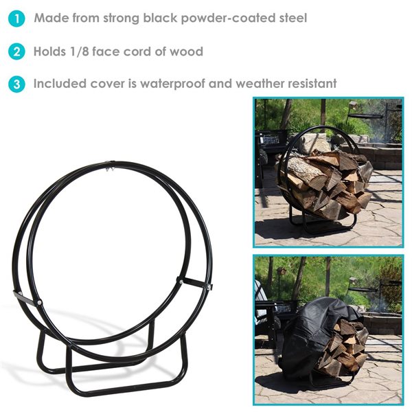 Sunnydaze 24-In Black Steel Firewood Log Hoop Rack with Black Cover