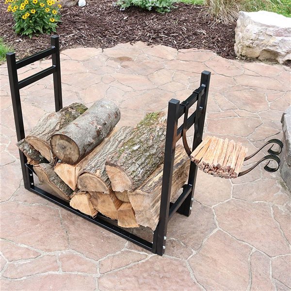 Sunnydaze Indoor/Outdoor Firewood Log Rack with Kindling Holder - Black