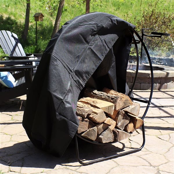 Sunnydaze 40-In Black Steel Firewood Log Hoop Rack with Black Cover