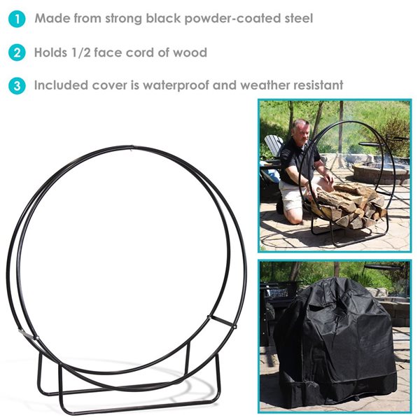 Sunnydaze 48-In Black Steel Outdoor Firewood Log Hoop with Black Cover