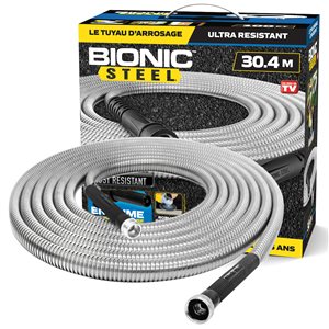 Tuyau d'arrosage Bionic Steel 5/8 po x 100 pi robuste  léger sans pli standard acier inoxydable