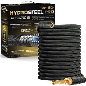 Tuyau d'arrosage Hydrosteel Pro 5/8 po x 100 pi robuste léger sans pli standard acier inoxydable