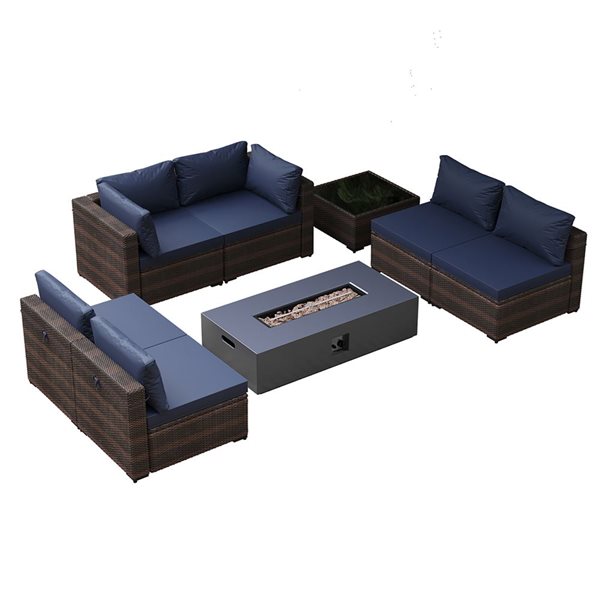 UPHA 8-Piece Patio Conversation Set with 56-In Iron Fire Pit Table and Polyester Navy Blue Cushions