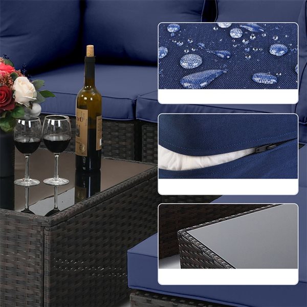 UPHA 8-Piece Patio Conversation Set with 56-In Iron Fire Pit Table and Polyester Navy Blue Cushions