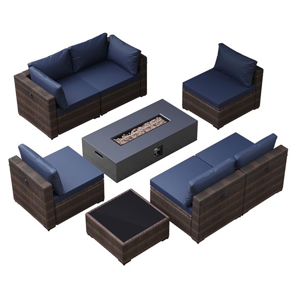 UPHA 8-Piece Patio Conversation Set with 56-In Iron Fire Pit Table and Polyester Navy Blue Cushions