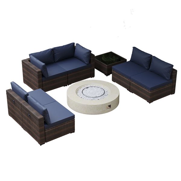 UPHA 8-Piece Patio Conversation Set with 42-In Propane Fire Pit Table with Navy Blue Cushions