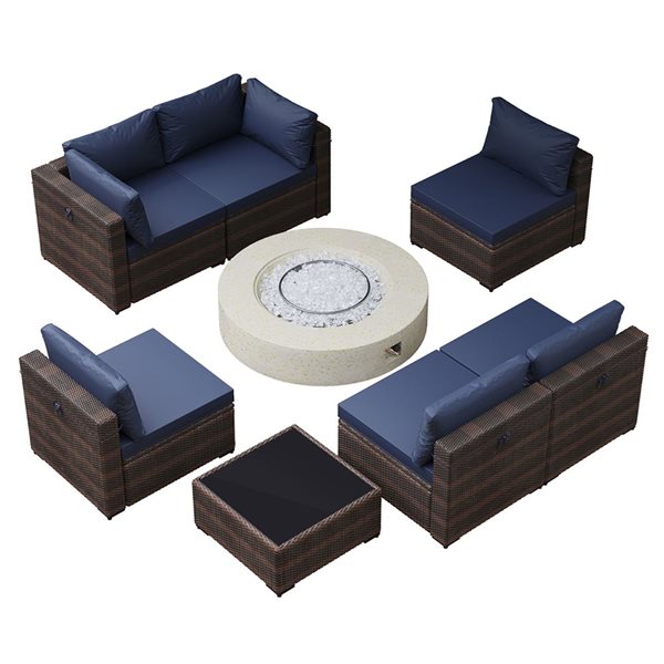 UPHA 8-Piece Patio Conversation Set with 42-In Propane Fire Pit Table with Navy Blue Cushions