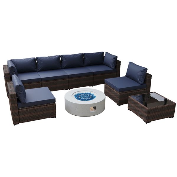 UPHA 8-Piece Wicker Patio Sofa Set with 28-In Propane Fire Pit Table and Navy Blue Polyester Cushions