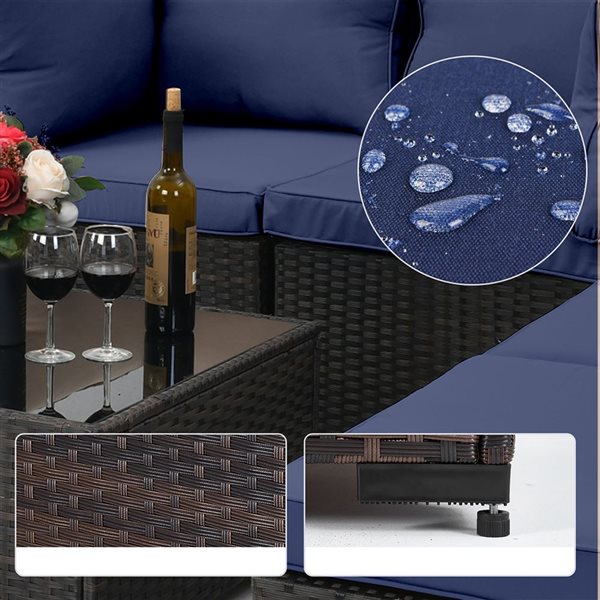 UPHA 8-Piece Wicker Patio Sofa Set with 28-In Propane Fire Pit Table and Navy Blue Polyester Cushions