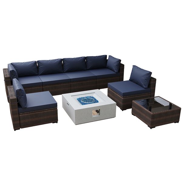 UPHA 8-Piece Wicker Patio Fire Pit Patio Set with 35-In Square Fire Pit Table and Navy Blue Cushions