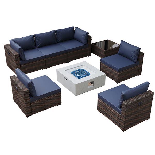 UPHA 8-Piece Wicker Patio Fire Pit Patio Set with 35-In Square Fire Pit Table and Navy Blue Cushions