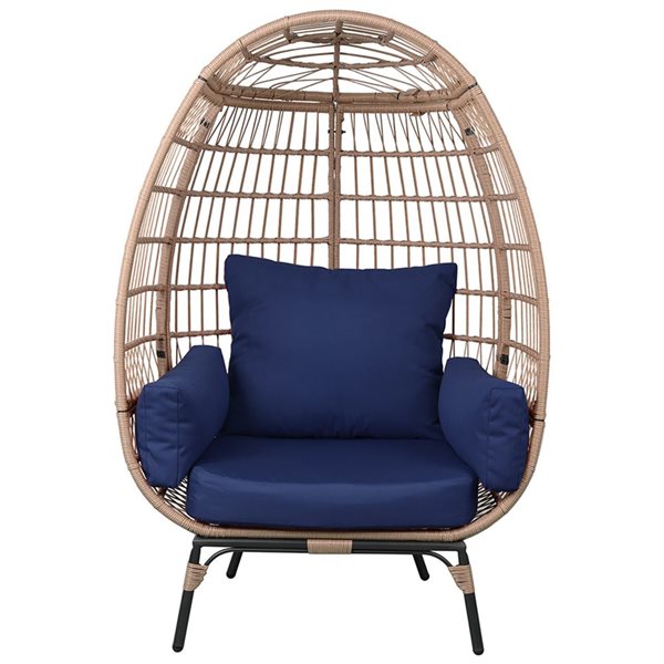 UPHA Brown Wicker Metal Stationary Egg Chair with Navy Blue Cushioned ...