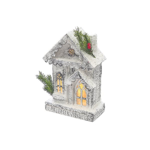 iH casadécor Lighted White Wood Snow Covered House Christmas Tabletop Decoration