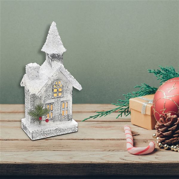 iH casadécor 14-in White LED Wood Snow Covered Church Christmas Decoration