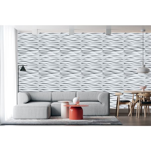 Dundee Deco Modern Wave Board PVC 3D Wall Panel White 1.6 ft X 1.6 ft, 2.7 sq. ft. Each