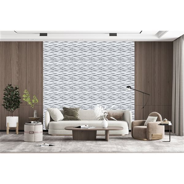 Dundee Deco Industrial Wavey PVC 3D Wall Panel White 1.6 ft X 1.6 ft, 2.7 sq. ft. each