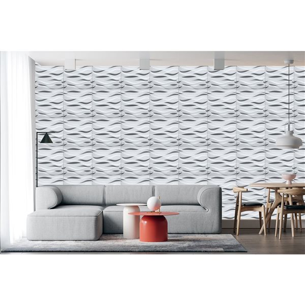 Dundee Deco Industrial Wavey PVC 3D Wall Panel White 1.6 ft X 1.6 ft, 2.7 sq. ft. each