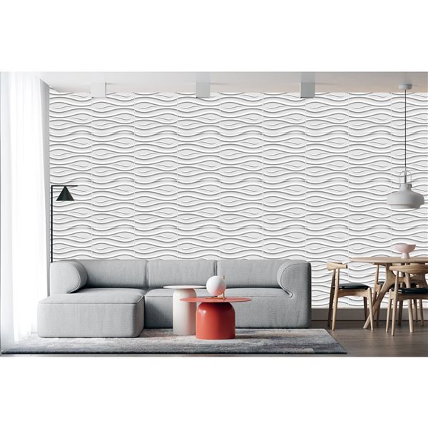 Dundee Deco Modern Wave PVC 3D Wall Panel White 1.6 ft X 1.6 ft, 2.7 sq. ft. each