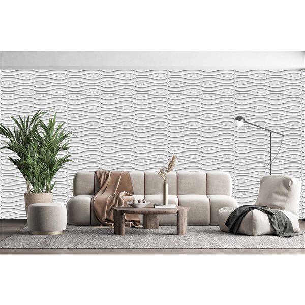 Dundee Deco Modern Wave PVC 3D Wall Panel White 1.6 ft X 1.6 ft, 2.7 sq. ft. each