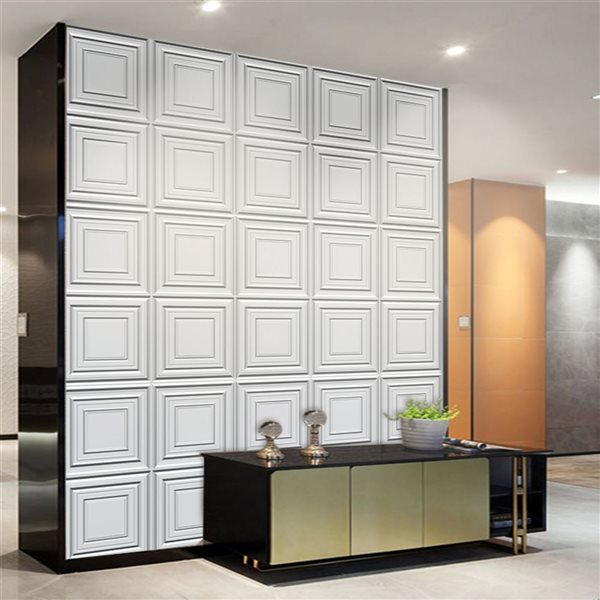 Dundee Deco Modern Square PVC 3D Wall Panel White 1.6 ft X 1.6 ft, 26.9 sq. ft. 10/pk