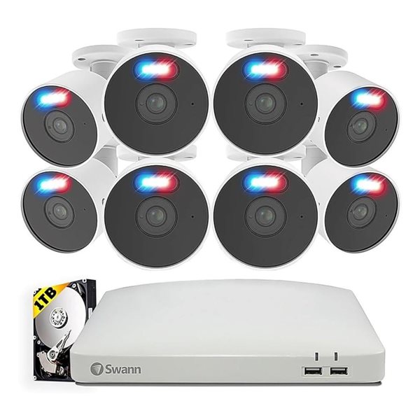 Système de sécurité DVR Swann Home 1080p HD 8 canaux avec 8 caméras Bullet de chaleur, de mouvement et de vision nocturne