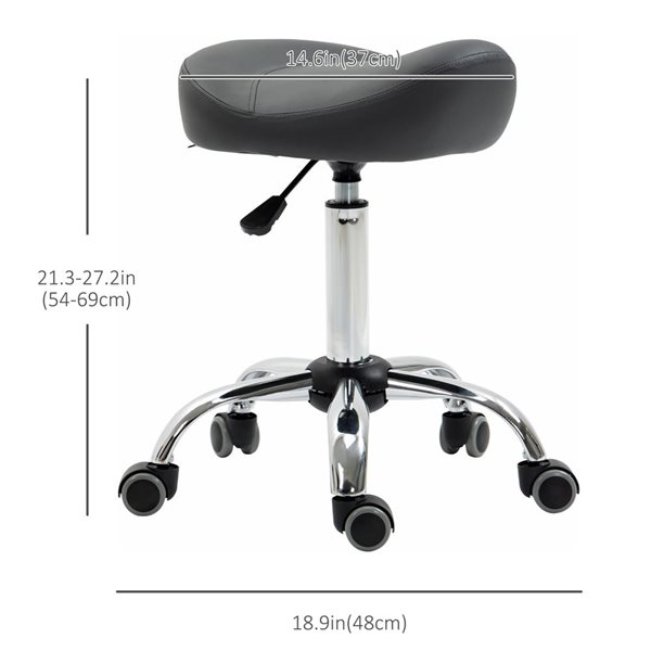 HomCom Adjustable Height Grey PU Leather Saddle Stool with Wheels