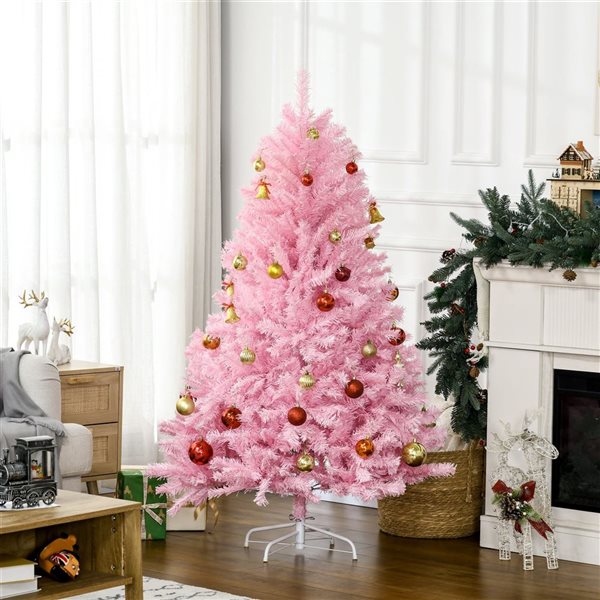 HomCom 5-ft Wide Shape Pink Artificial Christmas Tree with Auto Open