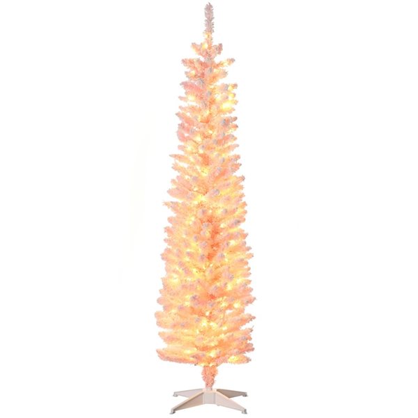 HomCom 6-ft Slim Snow Flocked Pink Artificial Christmas Tree with Light