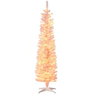 HomCom 6-ft Slim Snow Flocked Pink Artificial Christmas Tree with Light