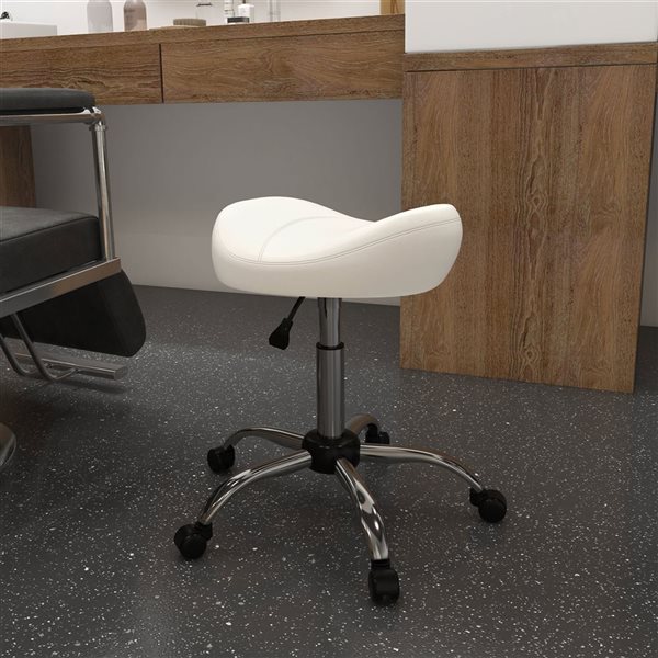 HomCom Adjustable Height White PU Leather Saddle Stool with Wheels