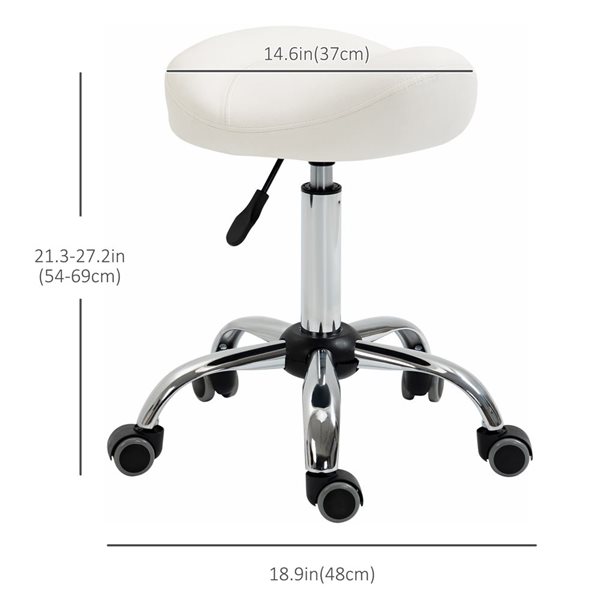 HomCom Adjustable Height White PU Leather Saddle Stool with Wheels