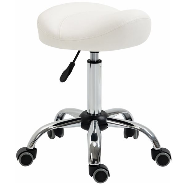 HomCom Adjustable Height White PU Leather Saddle Stool with Wheels