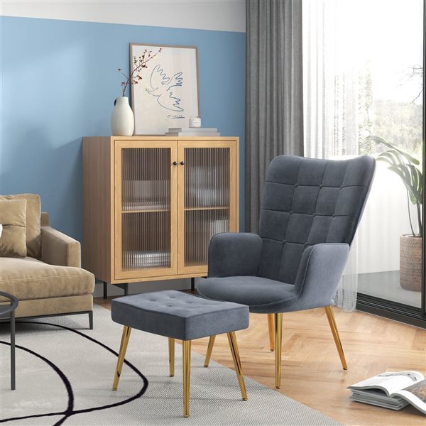 HomCom Modern Dark Grey Polyester Wing Chair and Ottoman Set