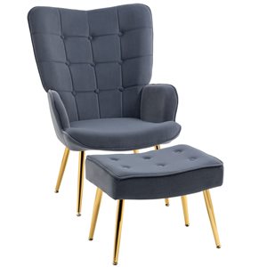 Ensemble fauteuil à oreilles et pouf HomCom moderne en polyester gris foncé