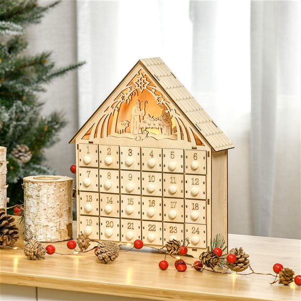 HomCom Christmas Advent Calendar with Countdown Drawers and Bible Characters