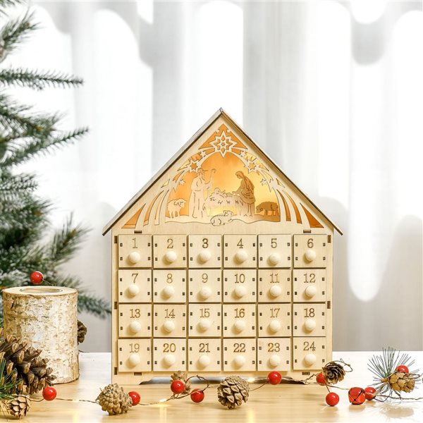 HomCom Christmas Advent Calendar with Countdown Drawers and Bible Characters