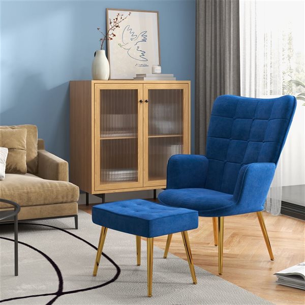 HomCom Modern Dark Blue Polyester Wing Chair and Ottoman Set