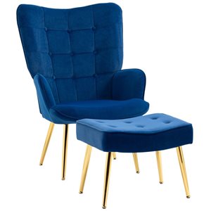 HomCom Modern Dark Blue Polyester Wing Chair and Ottoman Set
