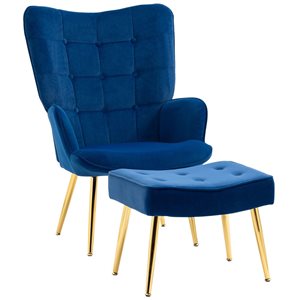 Ensemble fauteuil à oreilles et pouf HomCom moderne en polyester bleu foncé