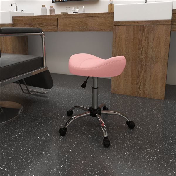 HomCom Adjustable Height Pink PU Leather Saddle Stool with Wheels