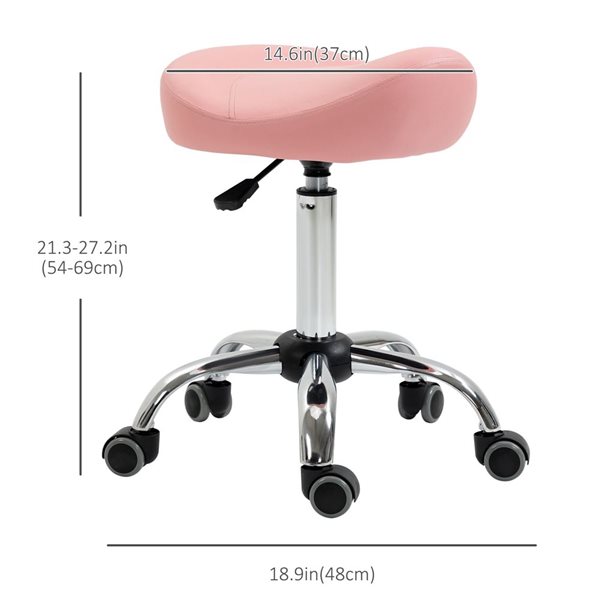 HomCom Adjustable Height Pink PU Leather Saddle Stool with Wheels