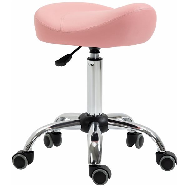 HomCom Adjustable Height Pink PU Leather Saddle Stool with Wheels