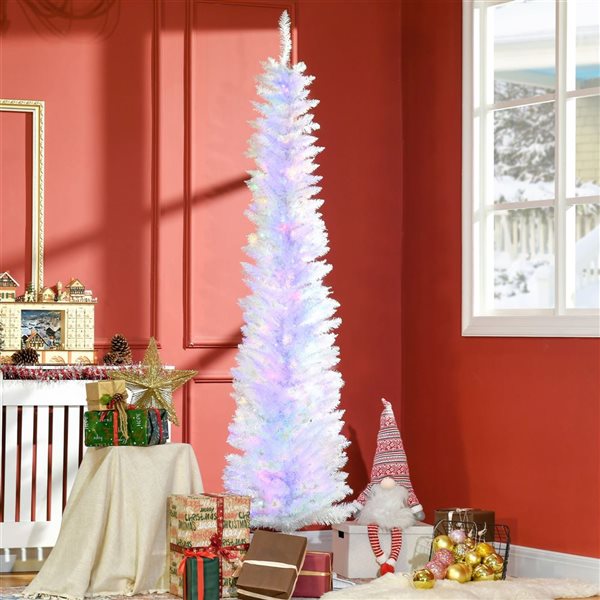 HomCom 7-ft Slim White Artificial Christmas Tree with Colourful LED Lights